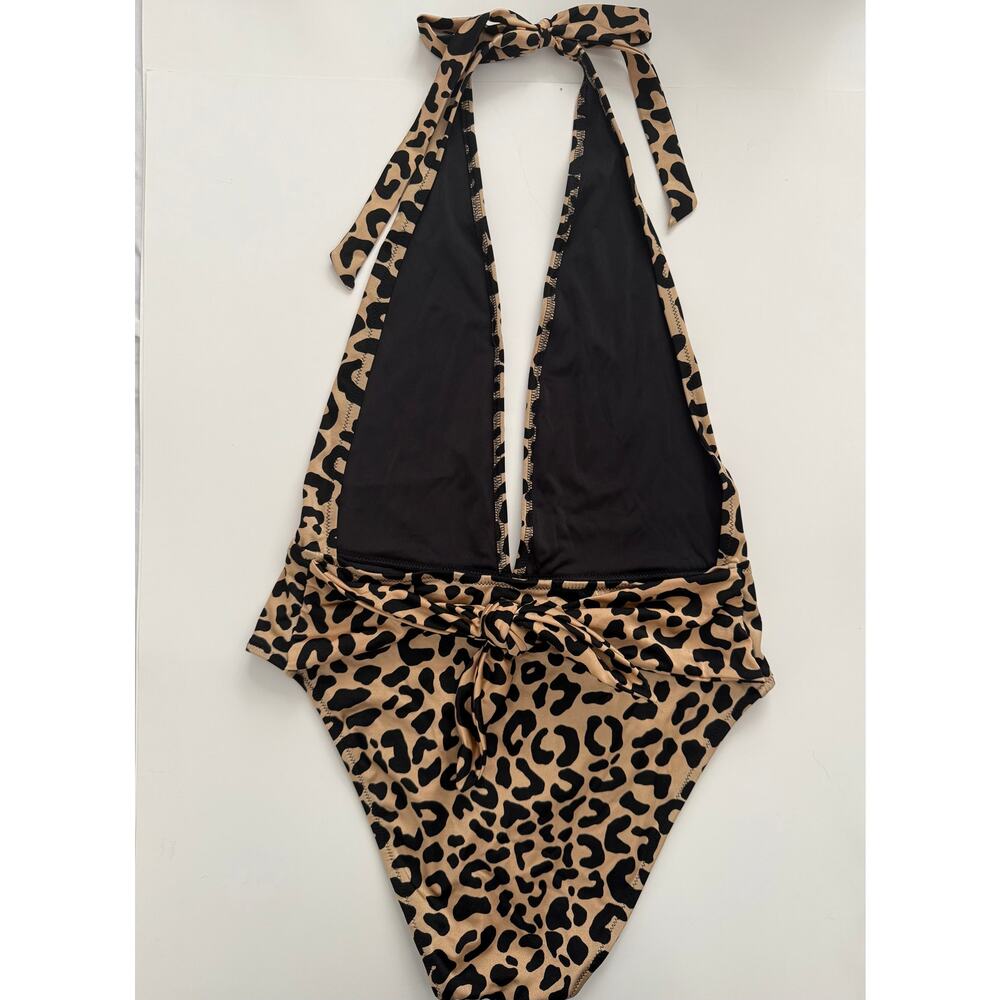 Milly Cabana Leopard Plunge Wrap One Piece Swimsuit Open Back Tie Waist NWT L - Picture 4 of 8